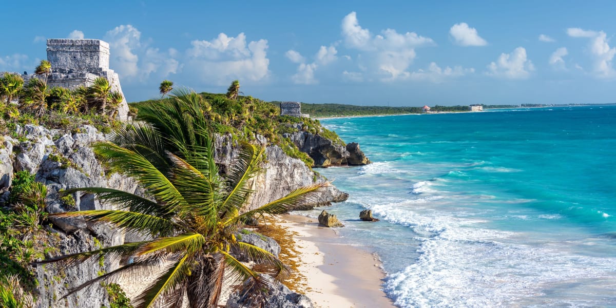 Tulum Mayan ruins on coastal cliffs above the Caribbean Sea, Mexico